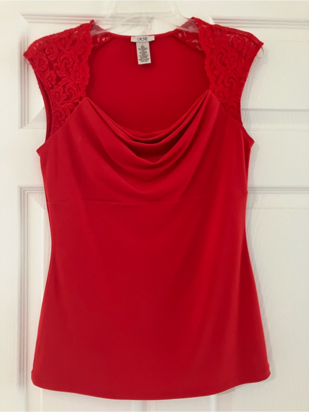 Cache Red Lace-Cap Sleeve Cowl Neck Top